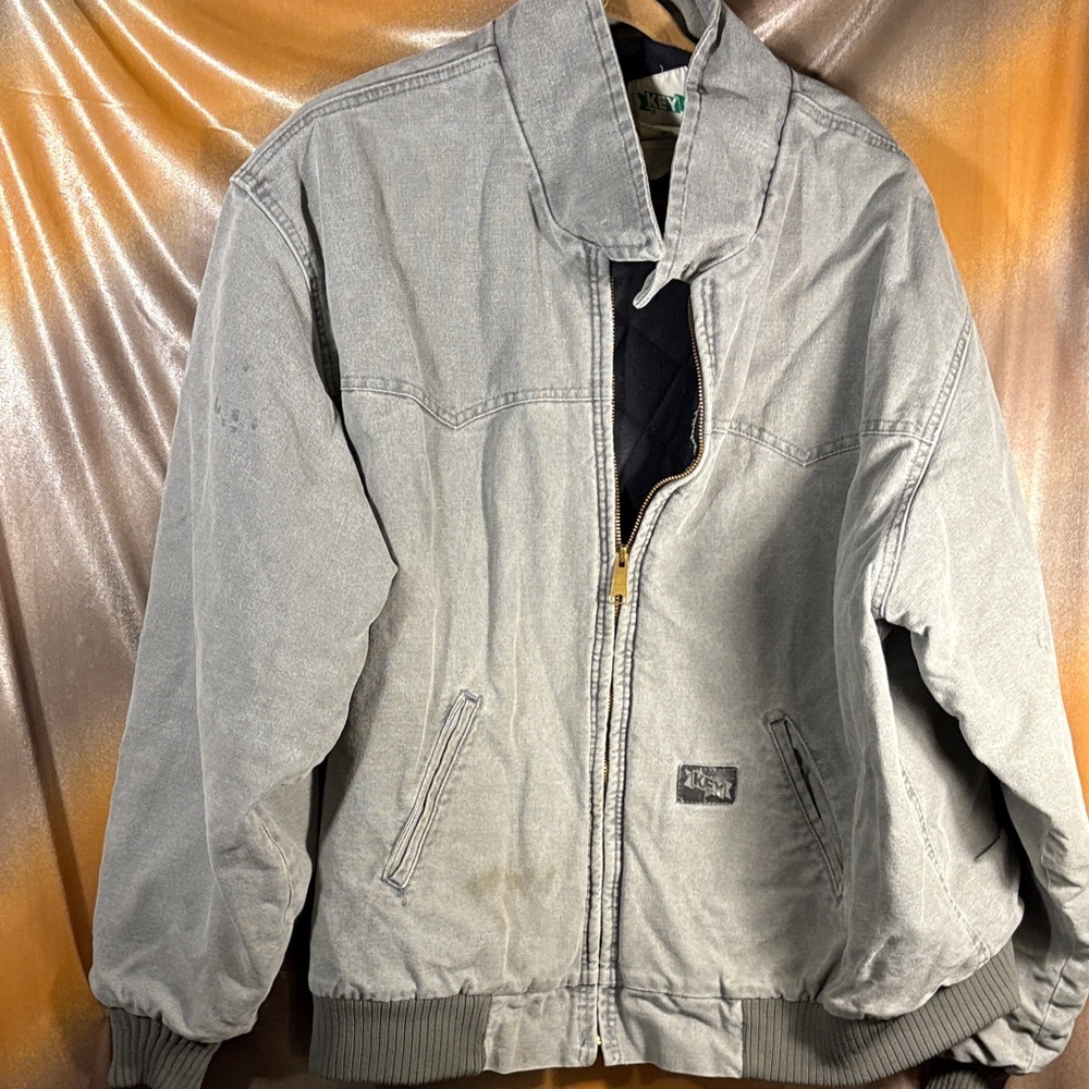 Vintage thrashed XL Key heavy denim‎ lined Men's Gray work Jacket Bag b63